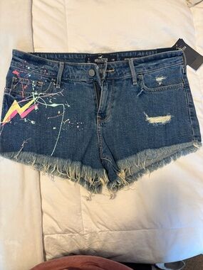 Hollister Dark Blue Denim Cutoff Shorts with Neon Paint Lightning